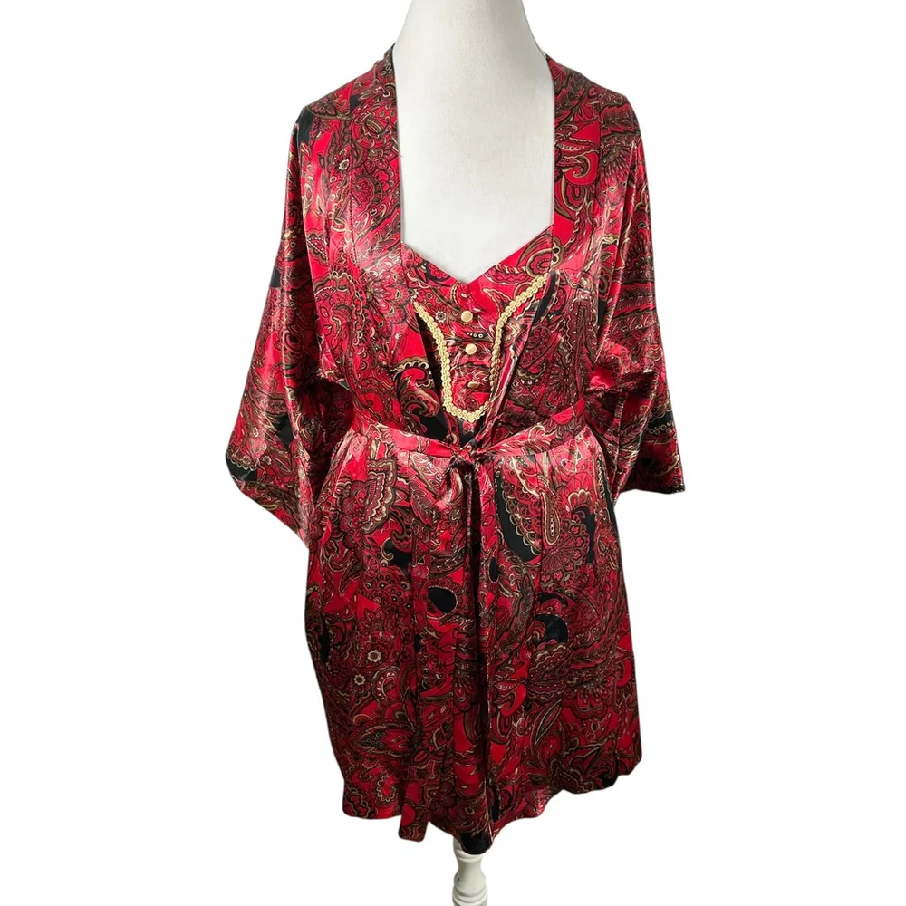 VTG Peignoir Babydoll California Dynasty Nightgown Satin Paisley Robe Set Sz L